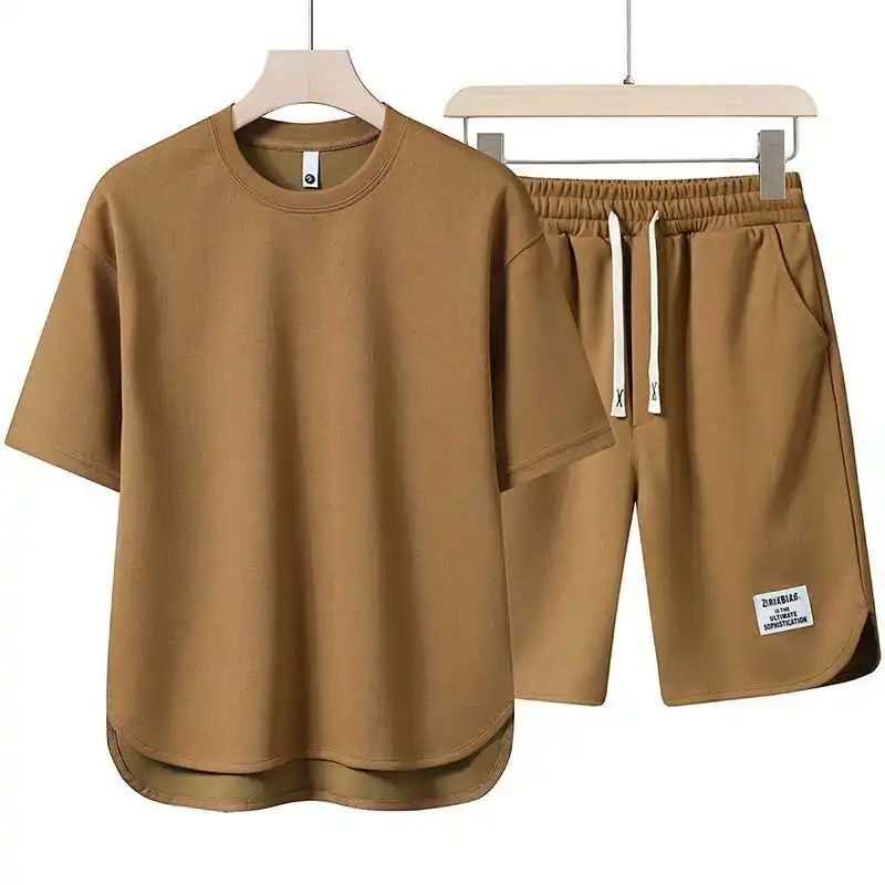 

Summer ort Sve Set Men's round Ne T-irt High End Color f Sve Open Split Thin Breathable Five-Quarter Pan...