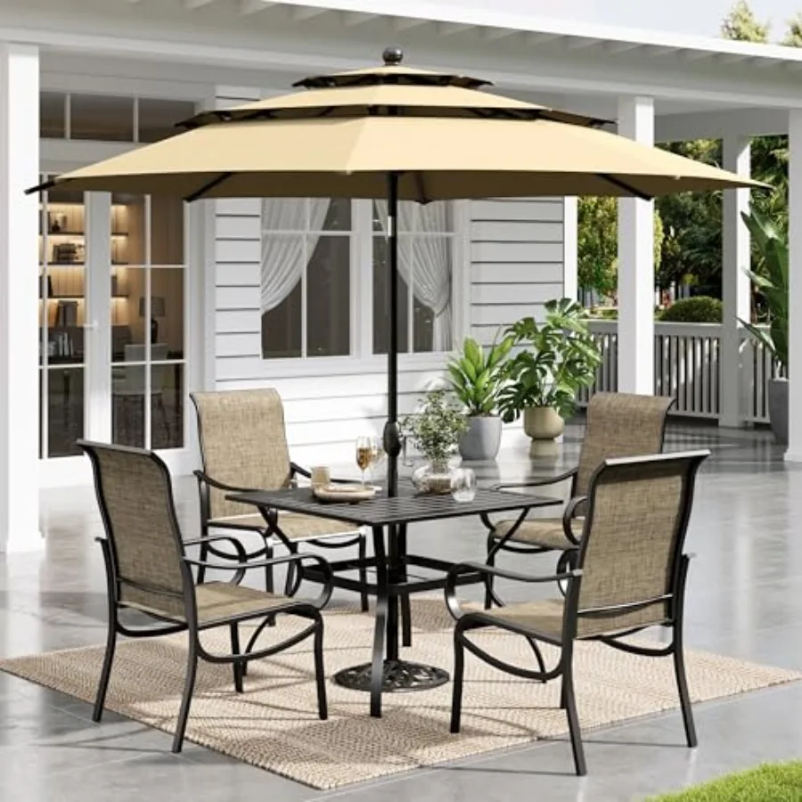 

Уличный обеденный гарнитур для патио с 3-ярусным бежевым ветрозащитным зонтом 3 метра и 4 стационарными стульями для сада и двора, из устойчивого к ржавчине алюминия