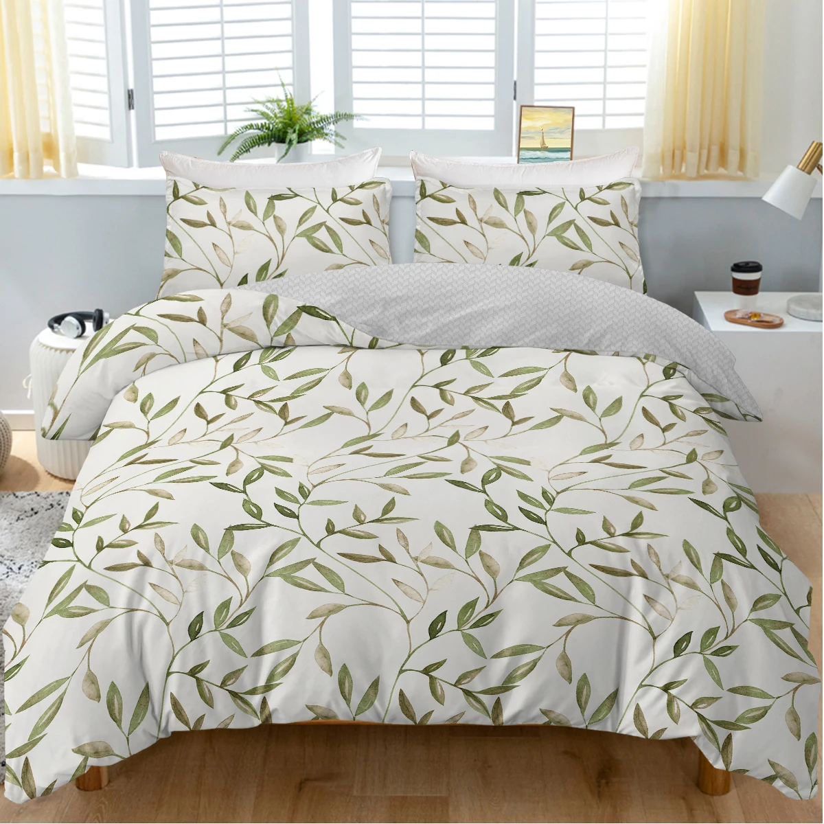 3pc Dense Growth of Green Leaves Design Bedding Set Quilt Cover with Zipper Closure 1 Duvet Cover and 2 Pillowcases