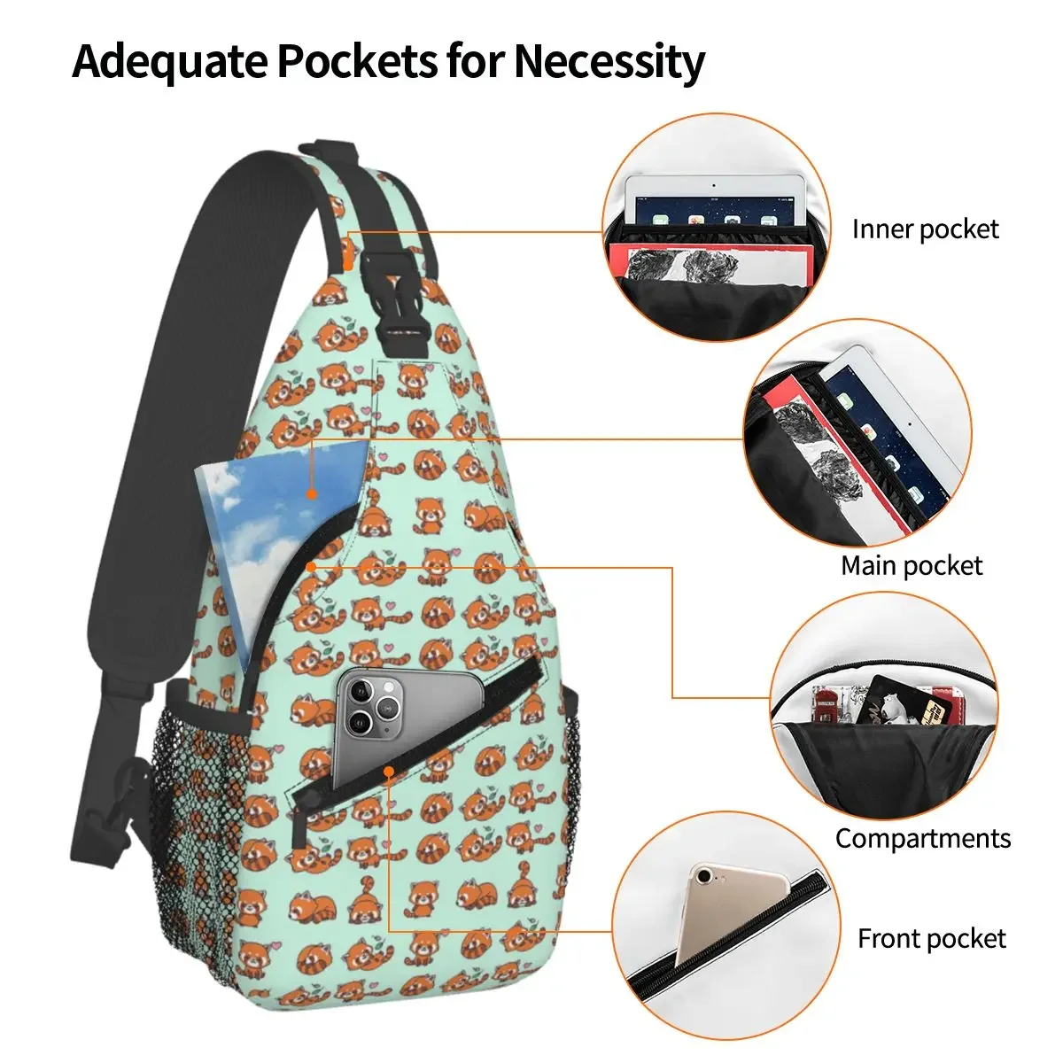 Red Panda Pattern Chest Bag Men Sling Crossbody Backpack Chest Bag Travel Hiking Daypack Shoulder Bag