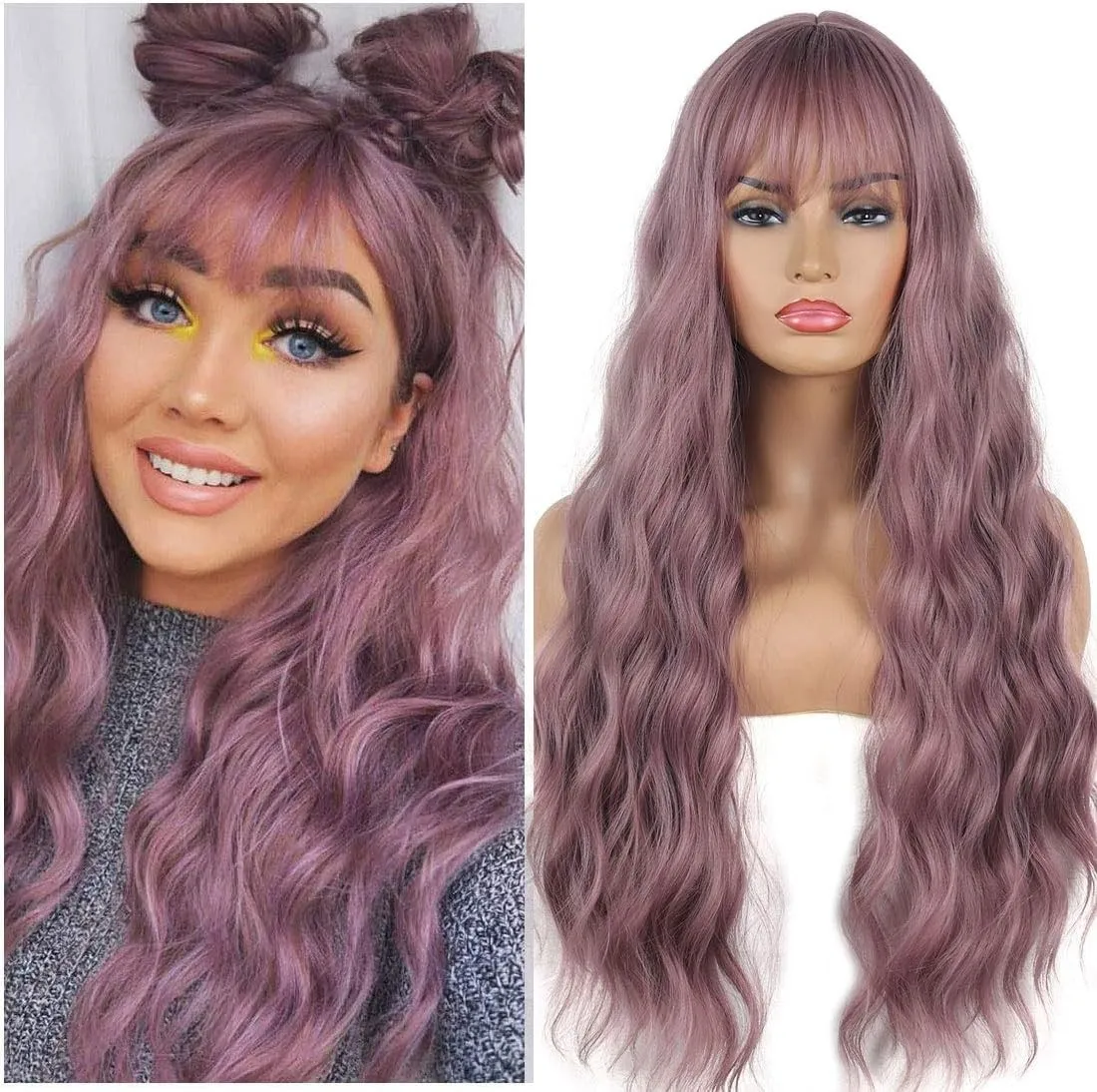 

LONG PURPLE WIG DIRTY PINK FRINGE BANGS LONG WAVY STRAIGHT CURLY FVCENT MAUVE