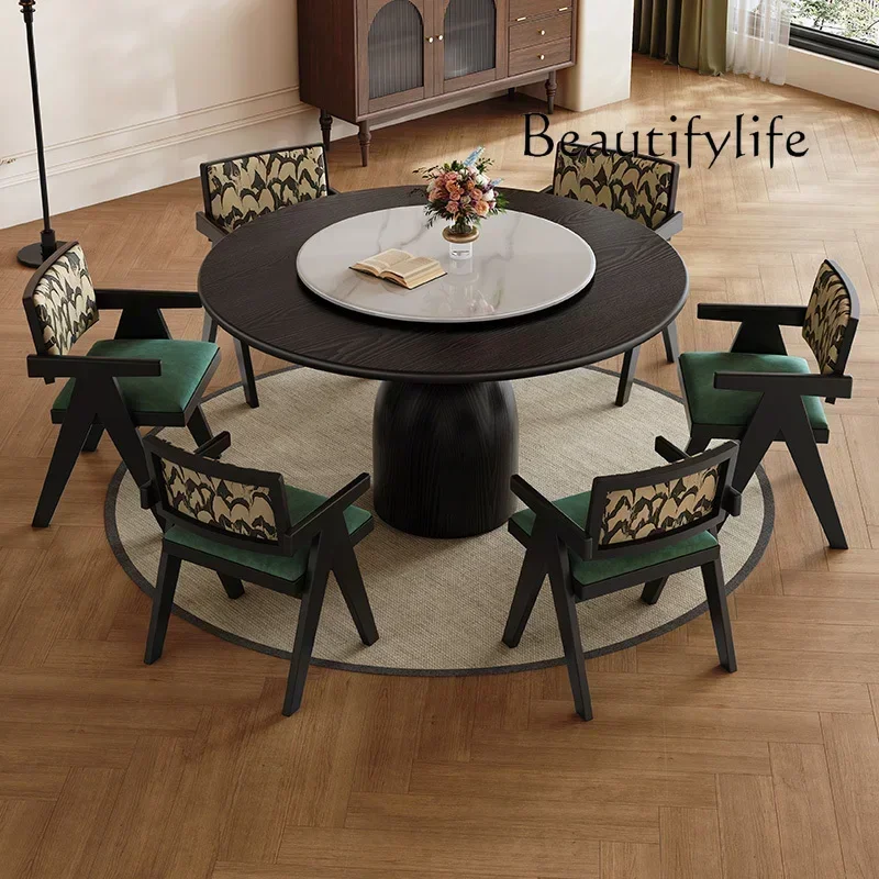 N Black retro ash wood grain solid wood round dining table and chairs French antique round table with turntable