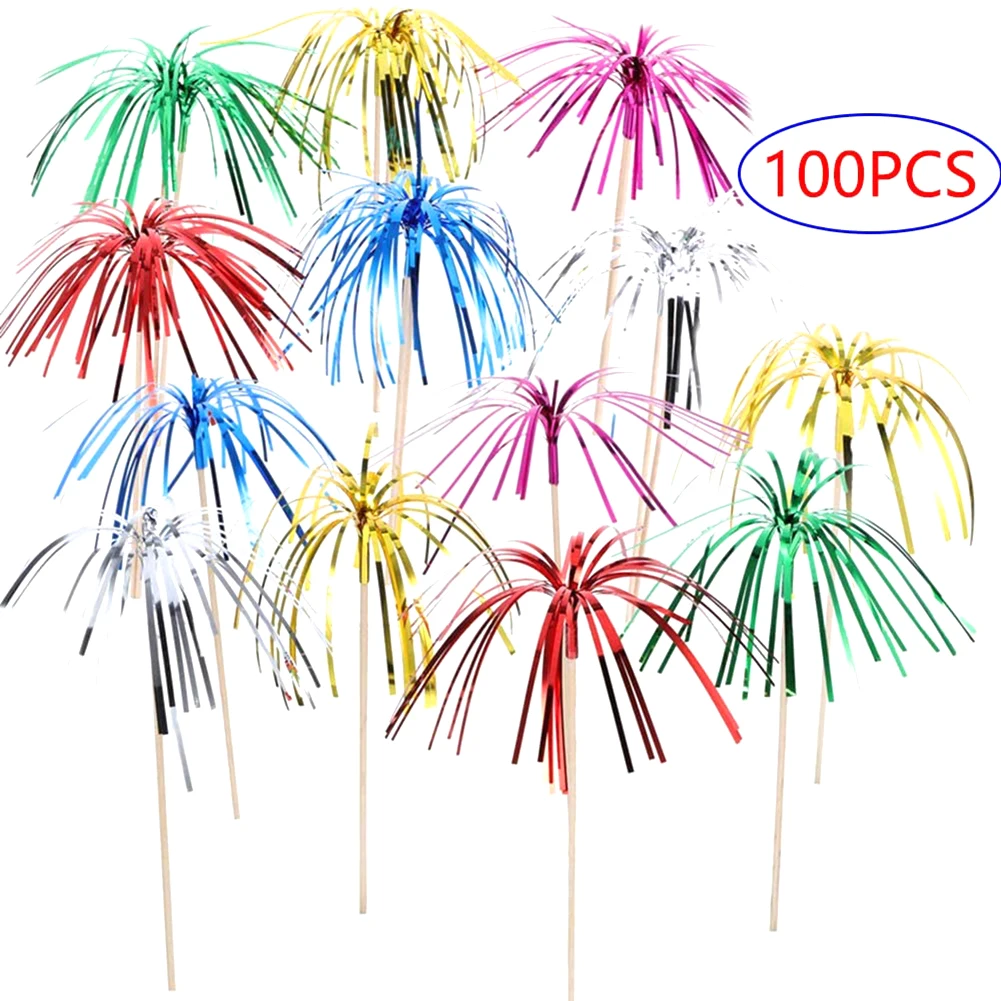 

100 Pieces Disposable Fruit Dessert Sticks Party Tableware Cocktail Picks Fireworks Cake Topper Toothpicks For Wedding Decor