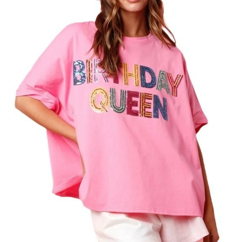 Short Sleeves Sequin Printing T-shirts for Women Loose O Neck Patchwork Pullovers Fashion Birthday Queen Top T-shirt for Women