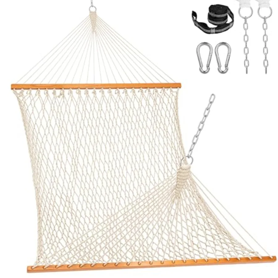 

Outdoor double rope hammock for 2 persons, hand-woven cotton rope, natural beige, weather-resistant with spreader bar, carabine