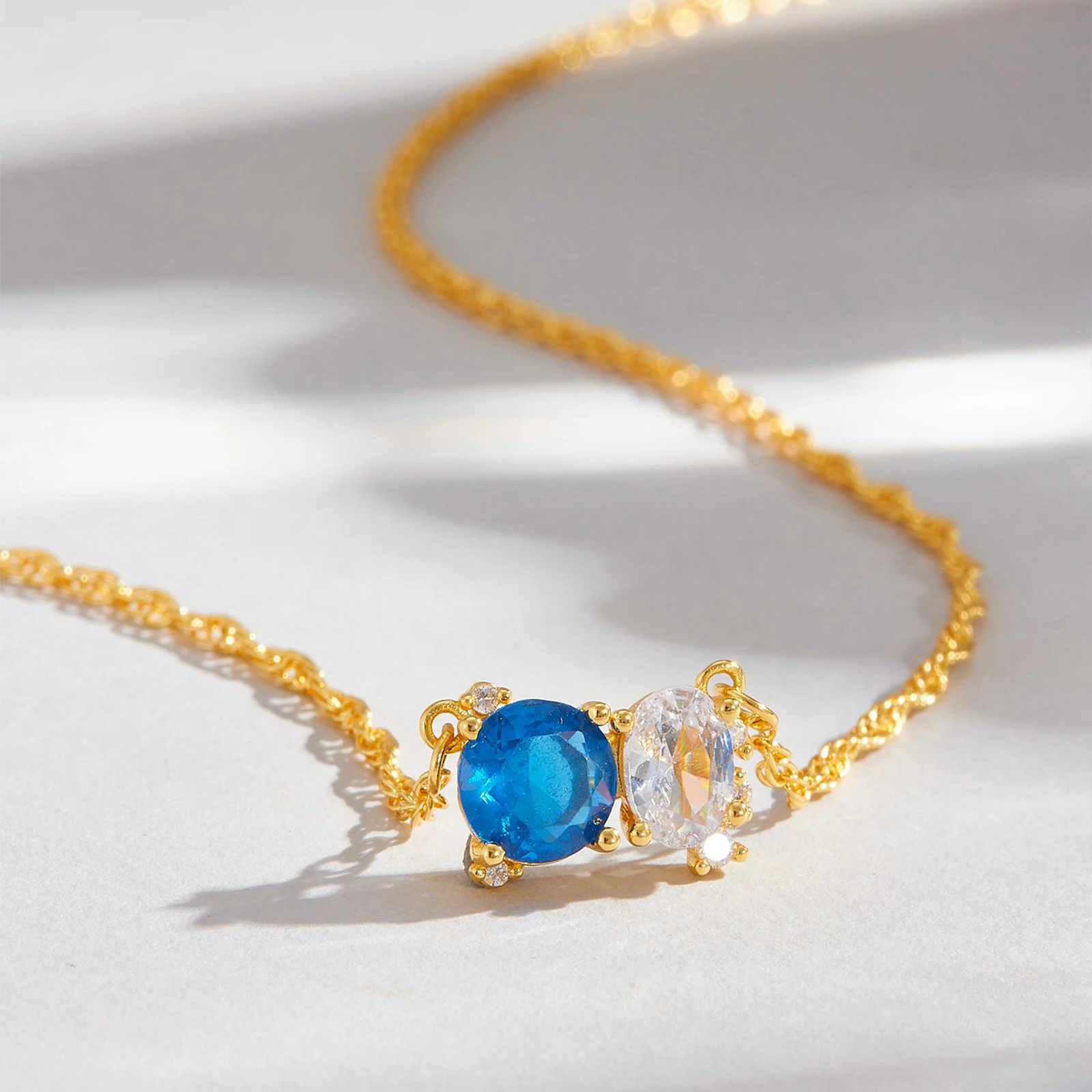 DPLAOPA Brass Two Stone Pendant Long Necklace Round Blue CZ Zircon 2026 Luxury Women Wedding Party Daily Wear Jewelry Gift