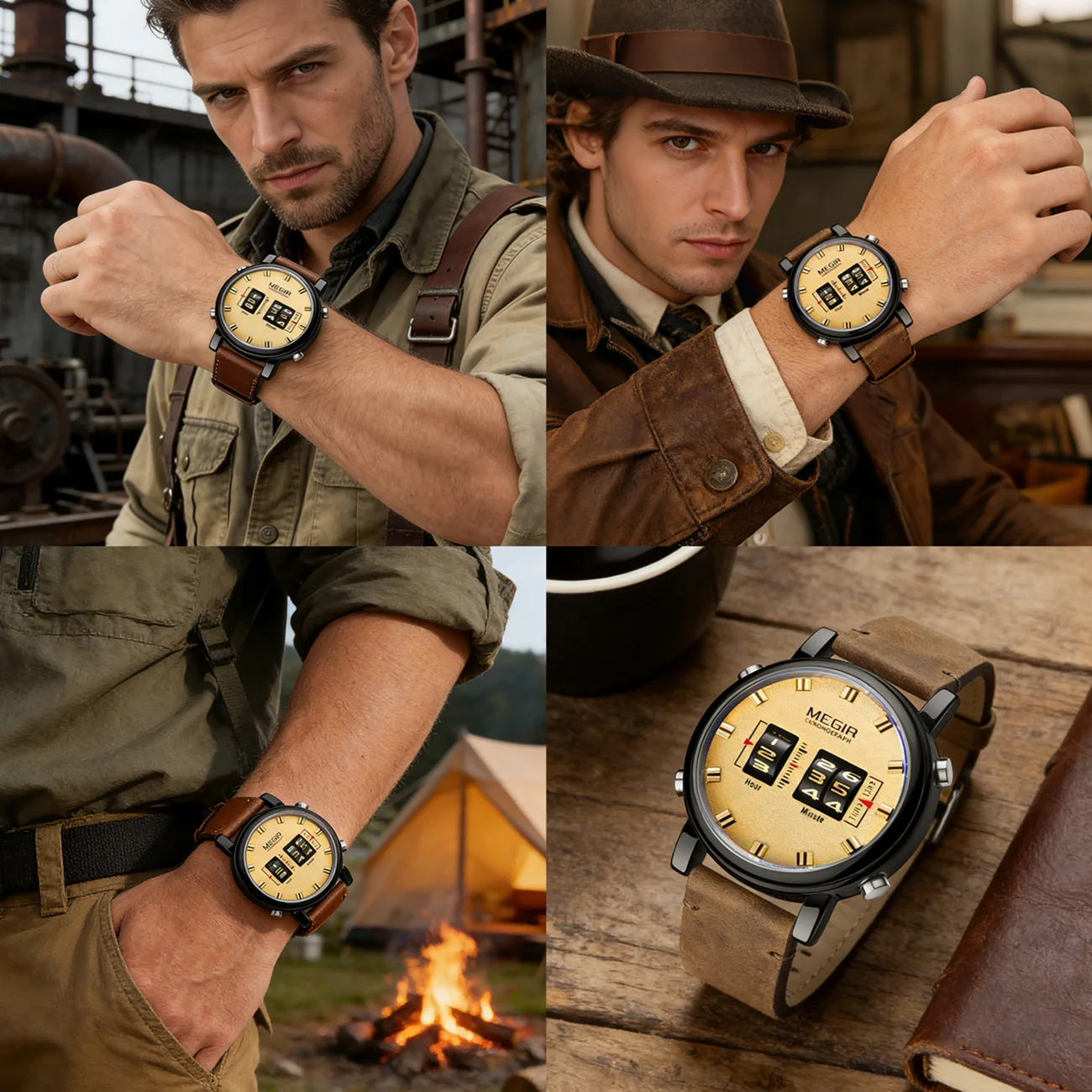 MEGIR Roller Digital Dial Wristwatch 45mm Quartz Movement Men's Sport Watch 3ATM Waterproof Leather Strap Watches Reloj Hombre
