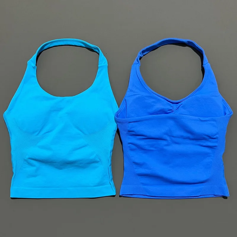 HISTELLO Impact Halter Top Seamless Longline Strappy Gym Top Women Built-in Bra Removable Cups Activewear Yoga Tank Tops image 5