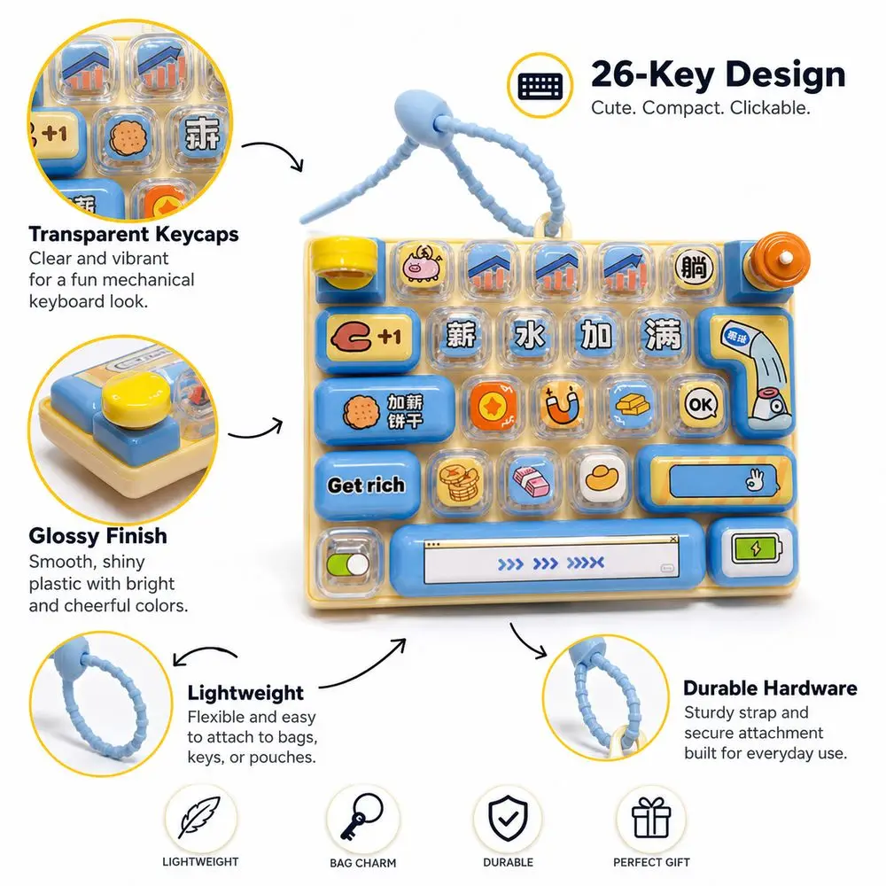 26-key Mechanical Keyboard Keychain Clear Key Sounds Hanging Loop Fidget Keypad Pressable Keys Rotatable Keyboard Pendant