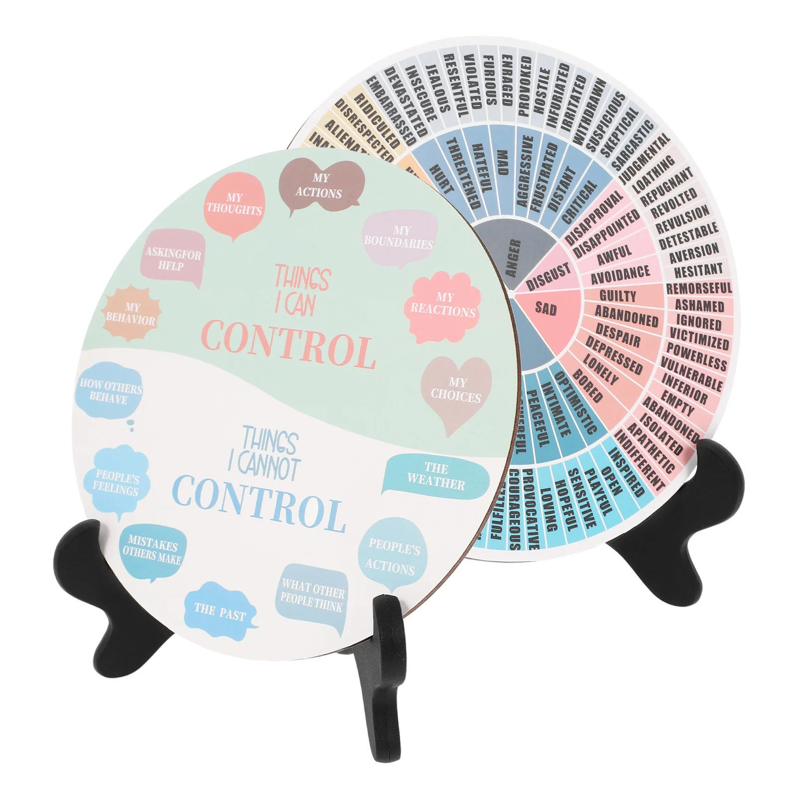 2 個の感情ホイールスタンド付きデスクトップ装飾オフィスホームデコレーション用カラフルな感情ホイールオーナメント PVC 木材素材気分