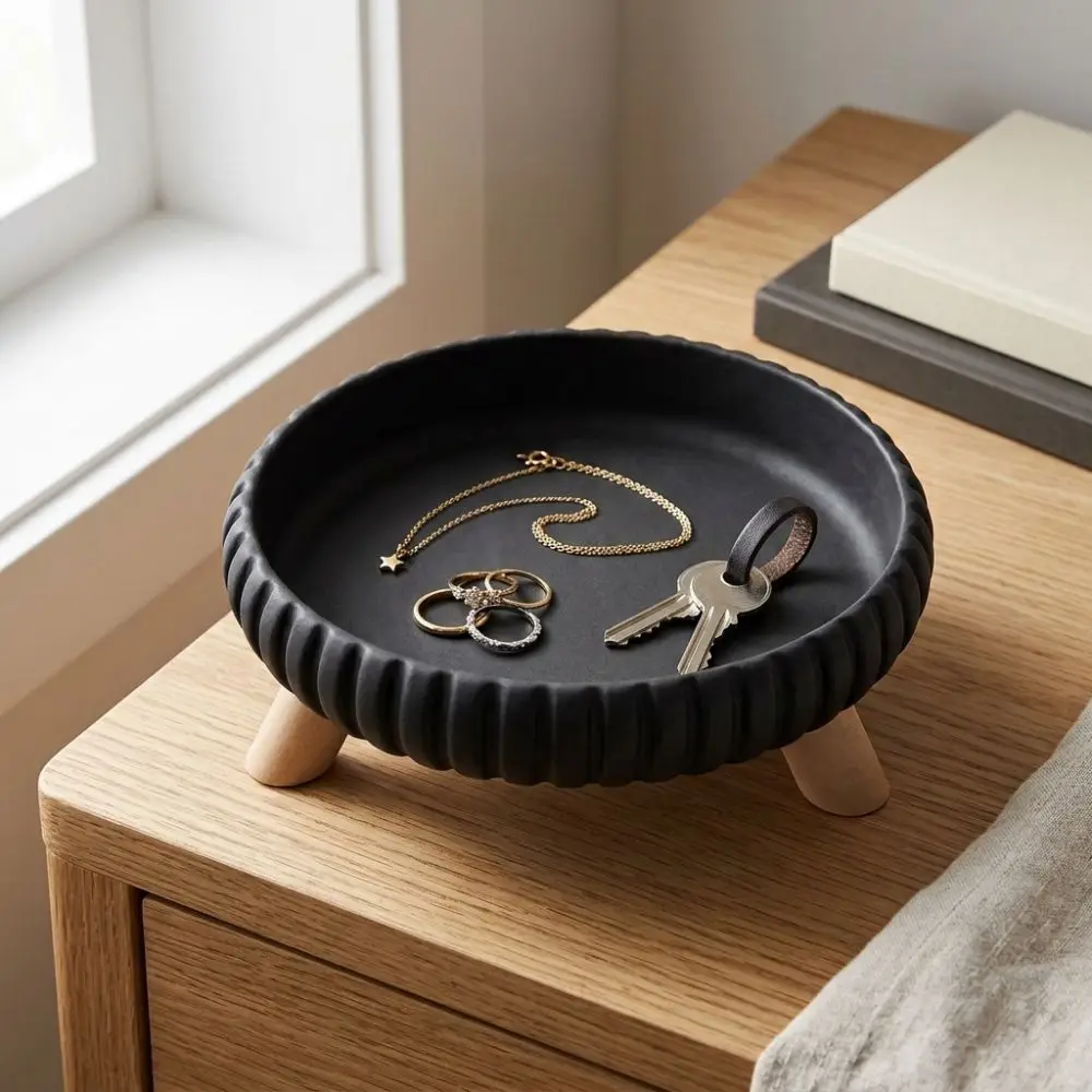 3D-Printed Three-Legged Storage Tray Artistic Round Sundries Storage Dish Rippled Minimalist Style Desk Decorative Plate