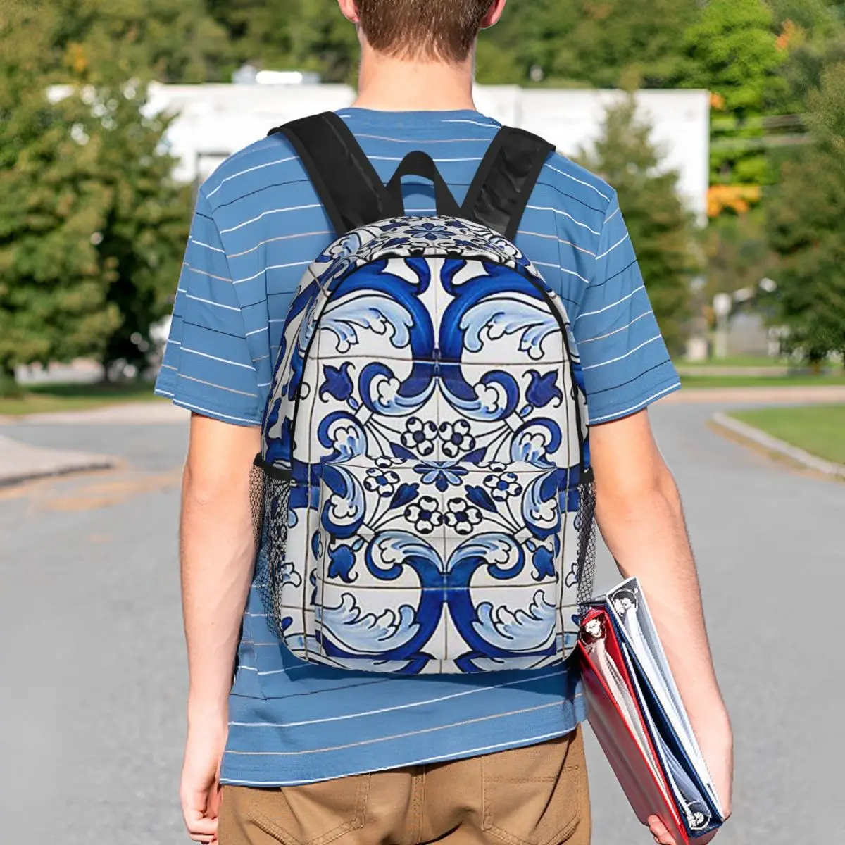 Antique Classic Lisbon Blue Azulejo Tile Floral Backpack Student BookBag Boys Girls School Bag Laptop Shoulder Bags