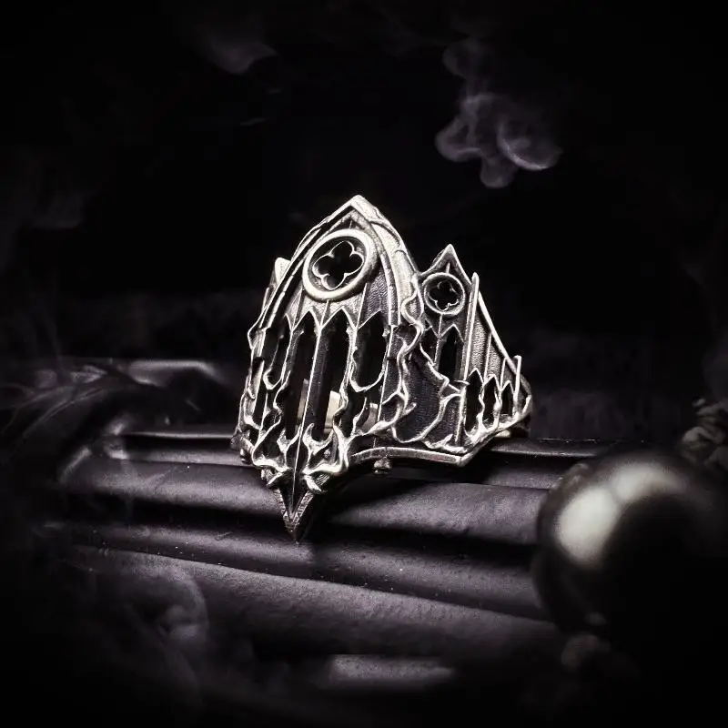 1pc For Daily Wear Jewelry Gift Adjustable Alloy Open Ring Unique Cross Burning Cathedral Gothic Relief Window Hollow Carved