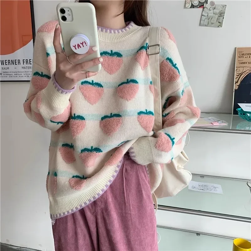 

Peach Strawberry Jacquard Sweater Women Autumn Winter Loose Pullovers Female Streetwear Vintage Korean Jumper Knitted