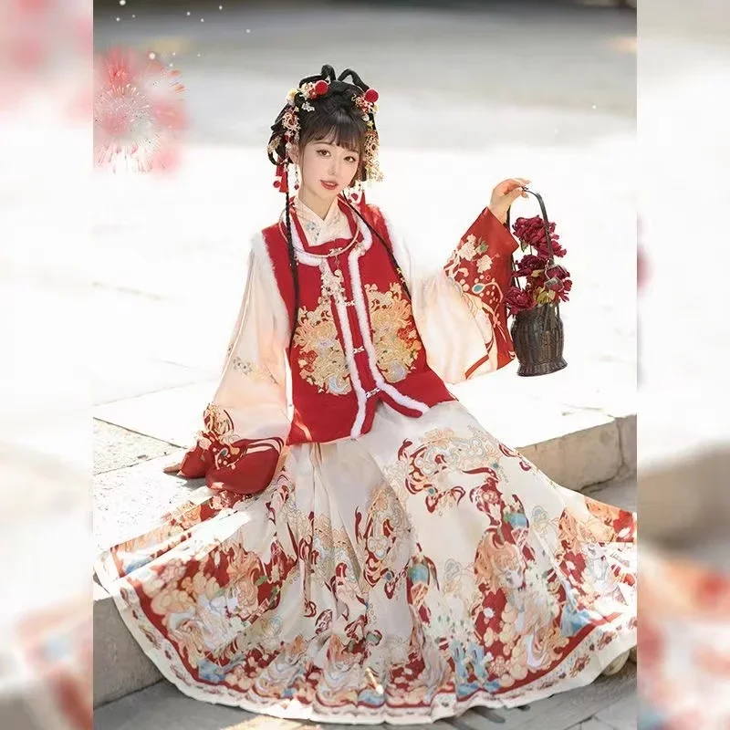 الأصلي المرأة التطريز Hanfu مينغ سلالة الشتاء رشاقته المخملية الحصان الوجه تنورة زي السنة الصينية التقليدية الجديدة