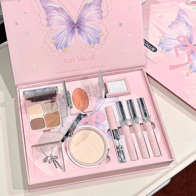 ART VALUE Make-up-Sets enthalten 3 Lipgloss-Töne, 1 Rouge, 1 Augenbrauenfarbe, 1 Lidschattenpalette, 1 gepresstes Puder, 1 Highlighter-Puder