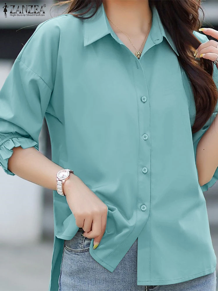 

2025 ZANZEA Stylish Women Shirt Autumn Solid OL Work Shirts Elegant Lapel Neck 3/4 Sleeve Blouse Casual Button Tops Blusas Tunic