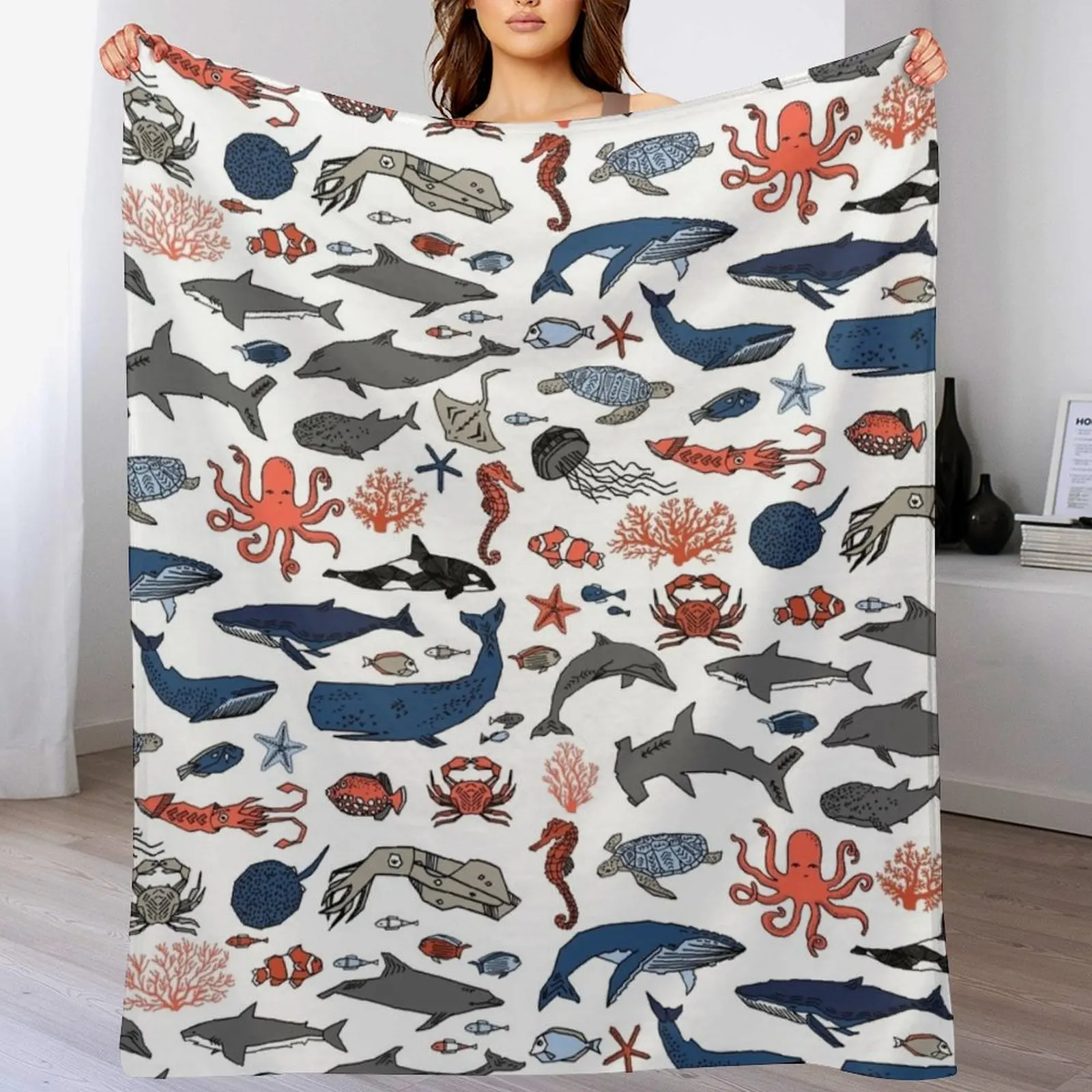 

Ocean Animals by Andrea Lauren Throw Blanket valentine gift ideas Decoratives blankets and throws Plaid on the sofa Blankets