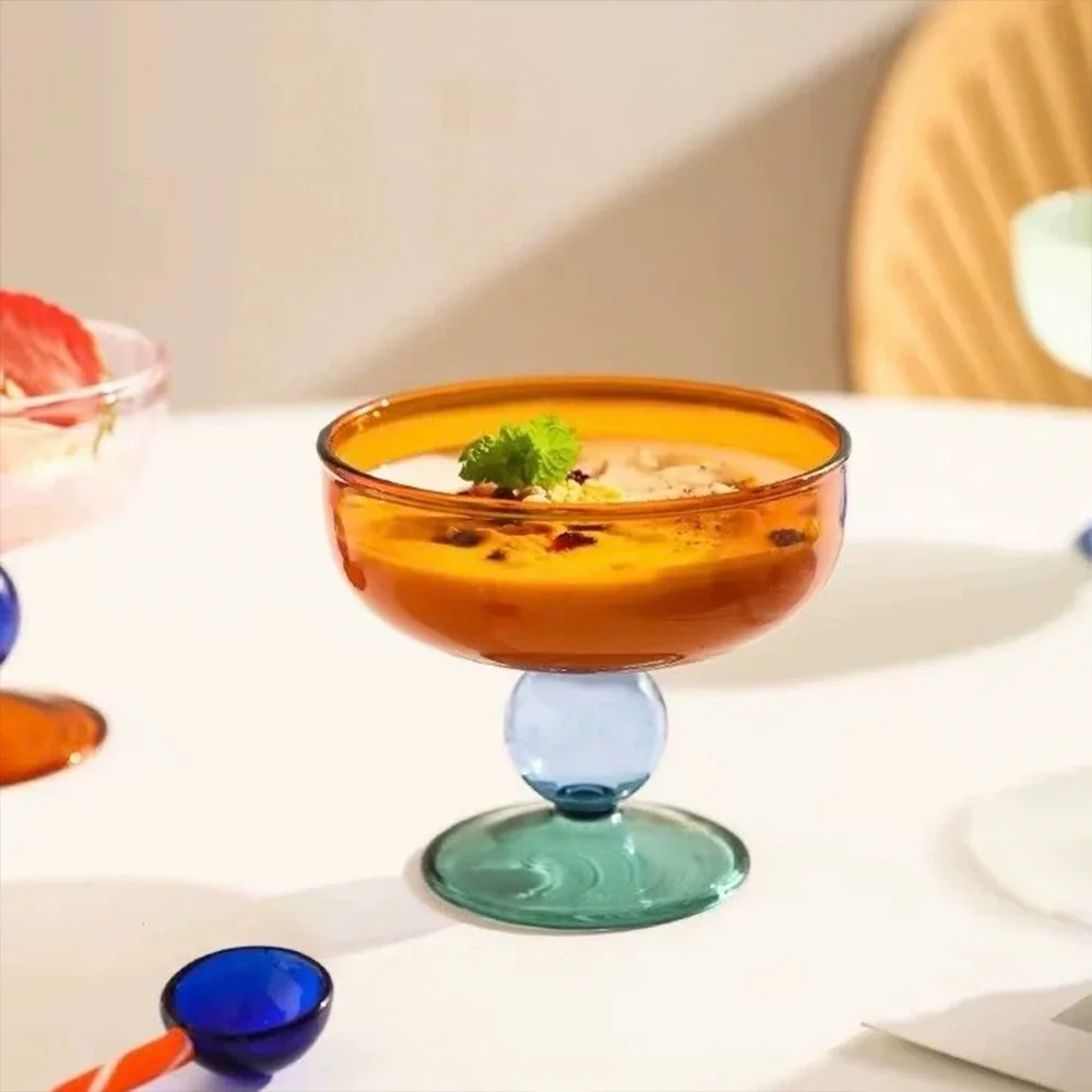 

1 Piece Colourful Ice Cream Cup Amber Green Blue Grey Pink Ball Stemmed Dessert Pudding Glass Cup Salad Bowl Champange Saucer