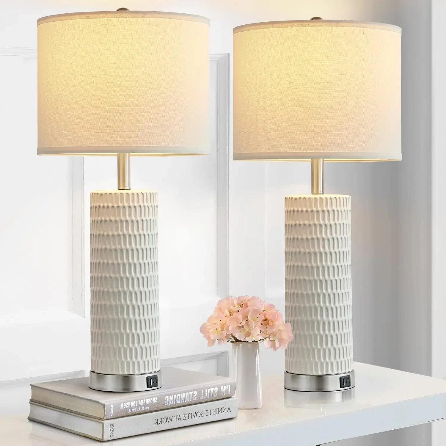 26.5" Ceramic Table Lamp Set of 2, 3-Way Dimmable Touch Control with USB Charging, Modern Nightstand Lamps for Bedroom Living Room, Bulbs Included view 2