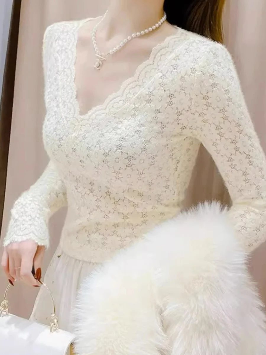 

Spring Autumn White V-neck Lace Long Sleeve Slimming Base Layer Top Commute Style Korean Fashion Mesh Inner Wear