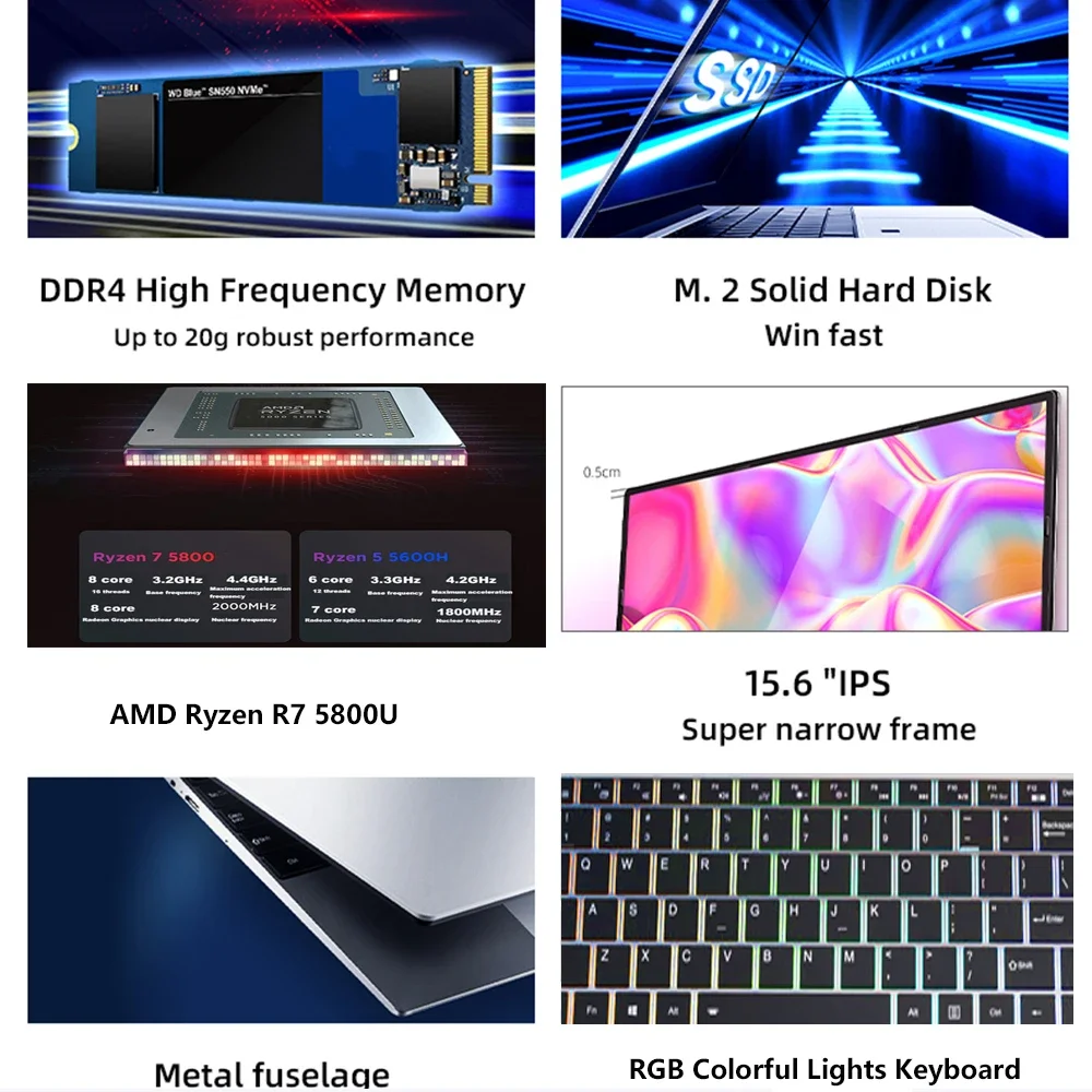 2024 AMD Gaming Laptops Windows 11 Gamer Notebooks 15.6" Ryzen R7-5800U 64GB RAM 1TB SSD WiFi Type-C RJ45 Colourful Keyboard