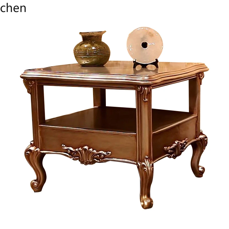 PYH Neoclassical Side Table Solid Wood Carved Champagne Gold Living Room Set  Furniture Double Layer Corner Table