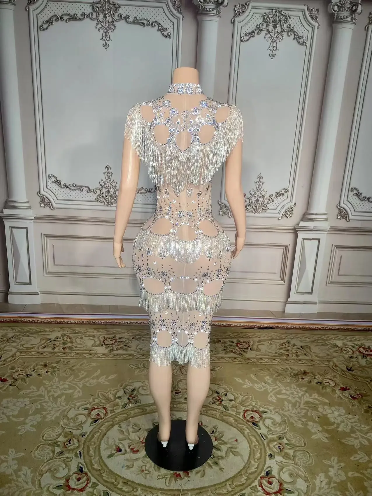 

Silver Crystals Fringes Rhinestones Sexy Transparent Party Dress Natural for Birthday Prom Evening Bar Outfit Dancer Costume