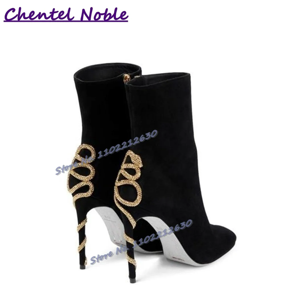 Snake Shape Rhinestone Wrap Heel Boots Black Suede Pointy Toe Thin High Heels Winter Fashion Luxury Sexy Women Shoes Ankle Boots