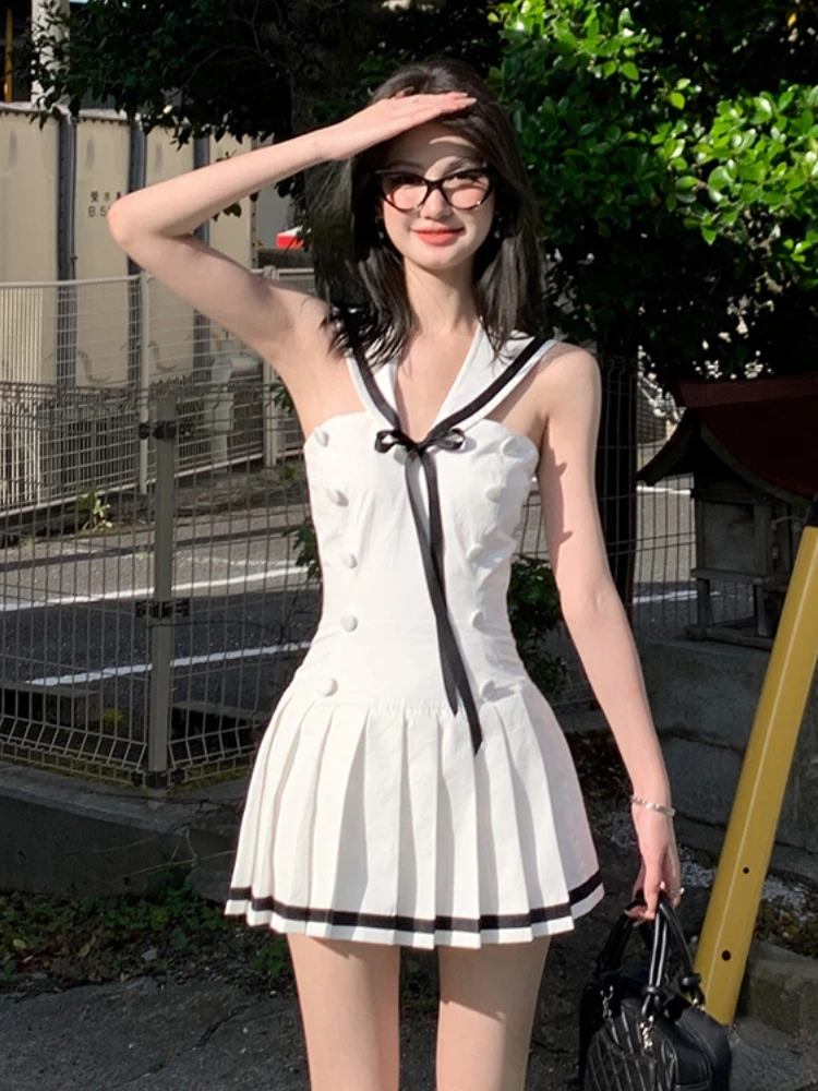 Harajuku 2000s Casual senza maniche Y2k Mini abito Hot Girls elegante Slim abito corto da festa colore puro abito intero coreano Chic