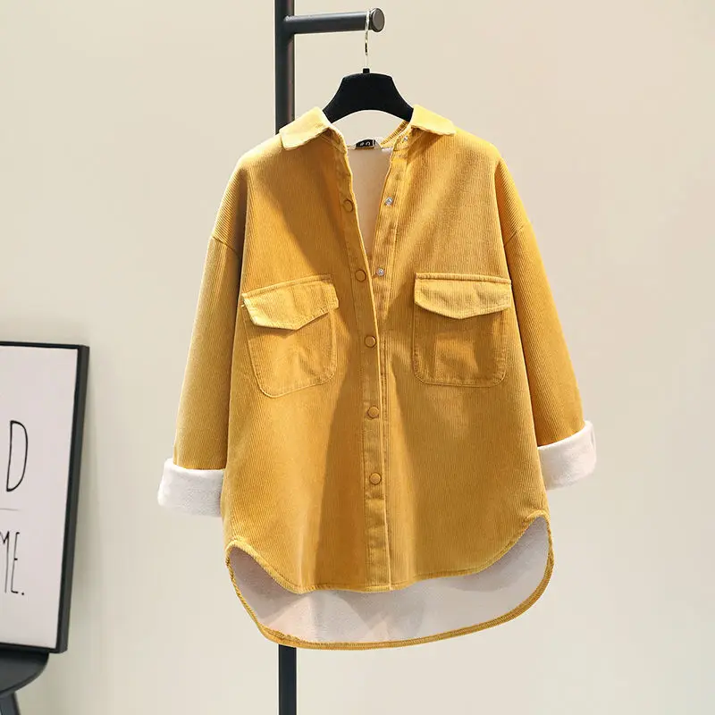 

Women Fleece-Lined Blouse Autumn Warm Long Sleeve Tops 2025 Winter Retro Solid Loose Shirt Female Work Tunic Blusas Mujer