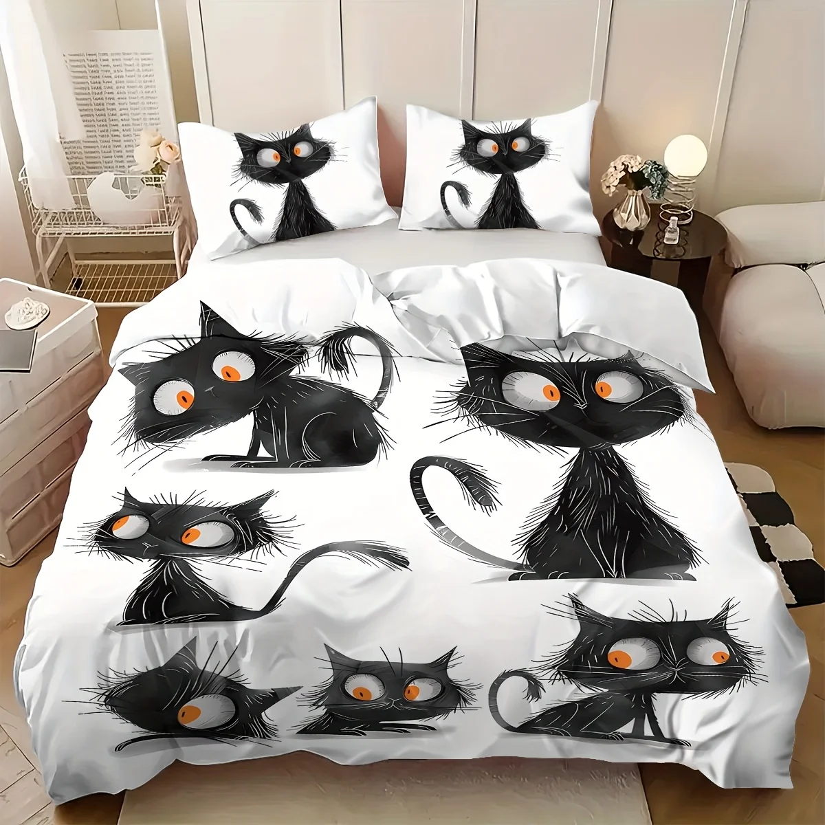 

Cute Angry Cartoon Cat Duvet Set Soft And Comfortable Skin-Friendly Breathable Digital Printing Zipper Closure