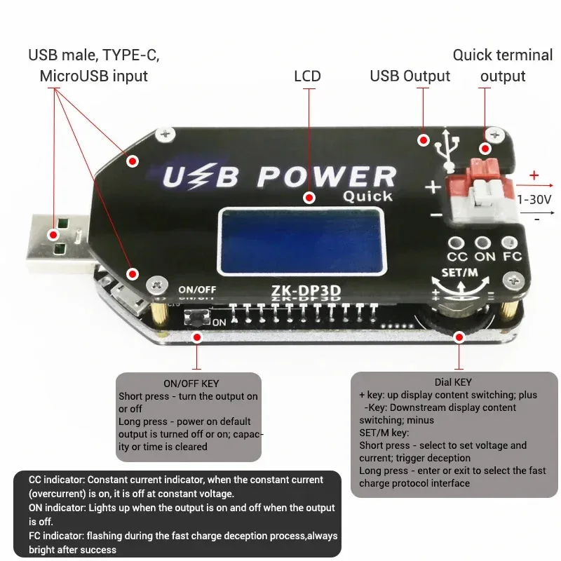 CNC USB TYEPE-C DC converter, DC CV 1-30V 2A, 15W power module, adjustable power supply, QC2.0, 3.0AFC, new arduino