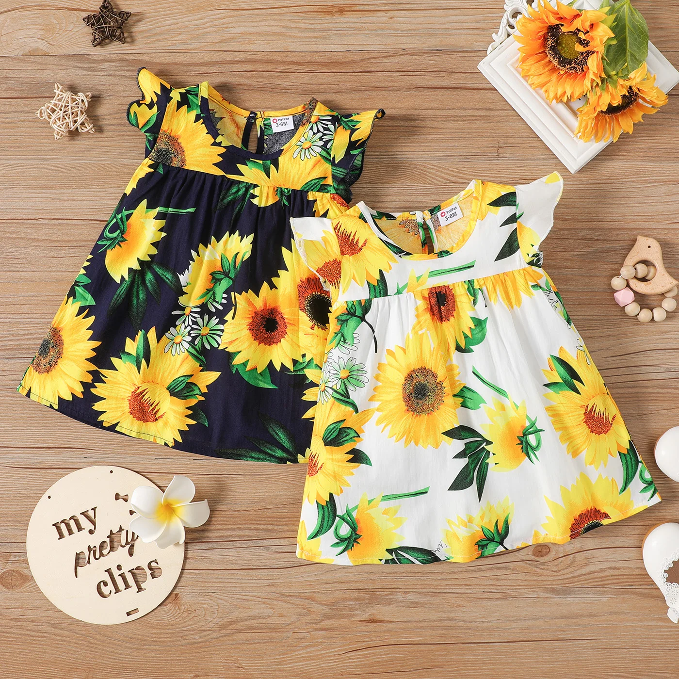 

PatPat Baby Girl 100% Cotton Cotton Sunflower Print Flutter-sleeve Dress