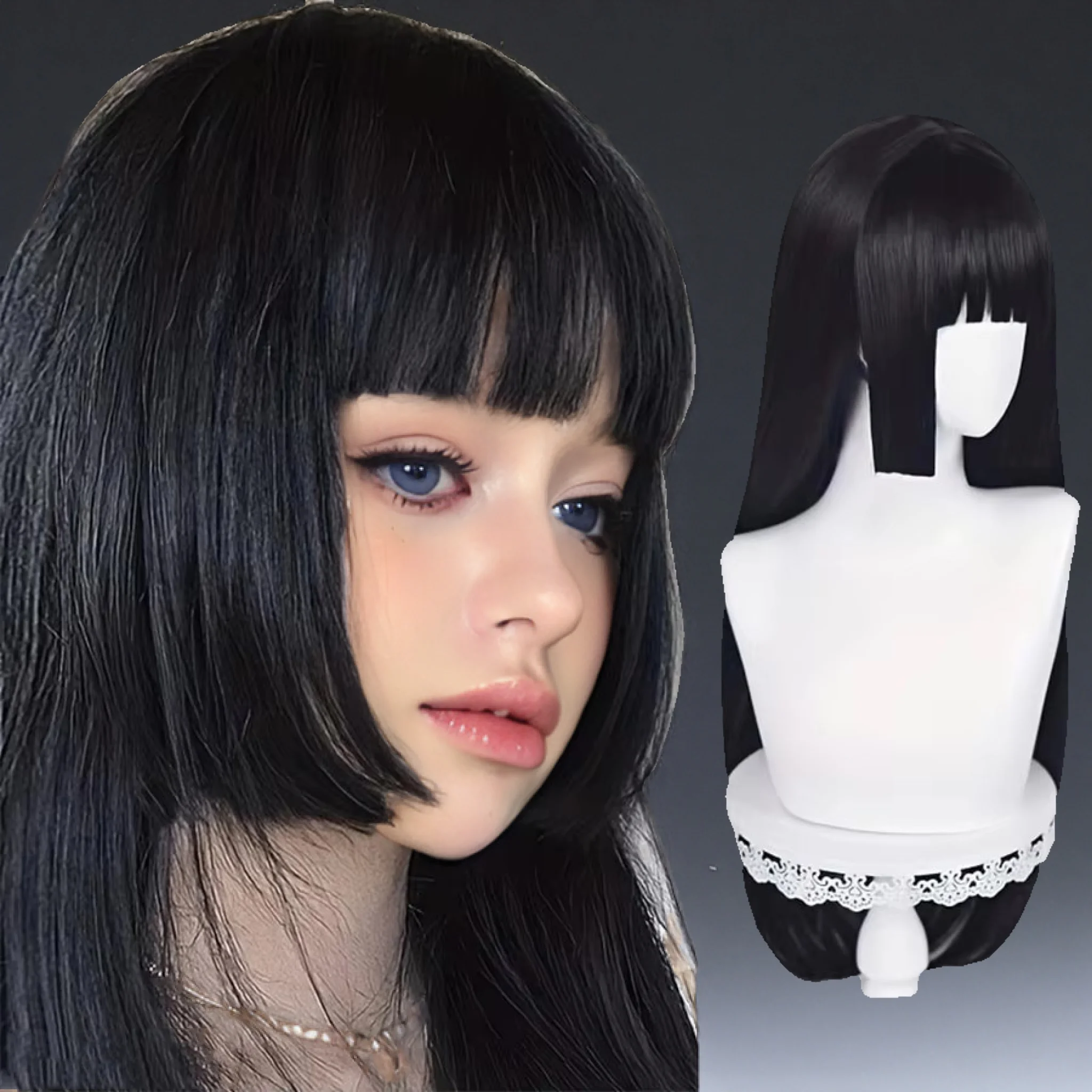 Natural Long Straight Synthetic Black Wig With Bangs Lolita Cosplay Hair Wigs For Women Heat Resistant Fiber Daily Party Wig Fem image 2