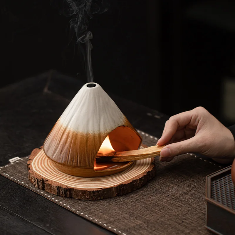 Chimenea de incienso Monte Fuji, quemador de incienso de salvia de cedro, quemador de incienso de cerámica de horno grande de madera sagrada peruana