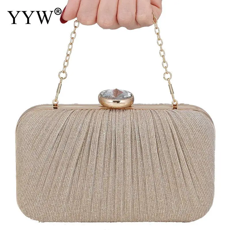 Elegant Matte Pleated Women Evening Handbag Round Crystal Clutch Bag Soft PU Leather Banquet Messenger Purse Single Metal Chain