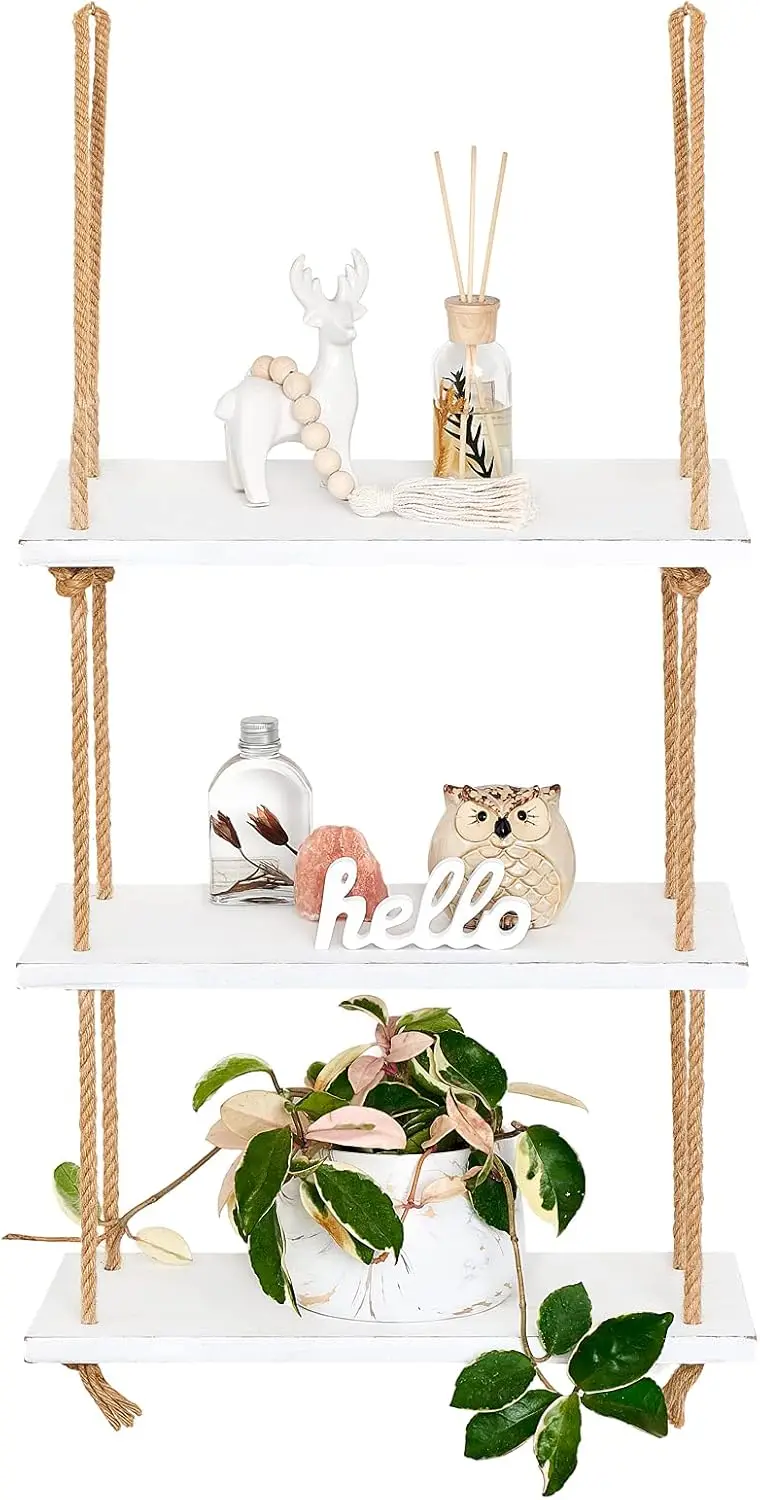

Hanging Shelves 3 Tier White Wood Wall Mount Floating Shelf with Rope Boho Decor for Living Room Bathroom Bedroom Kitch
