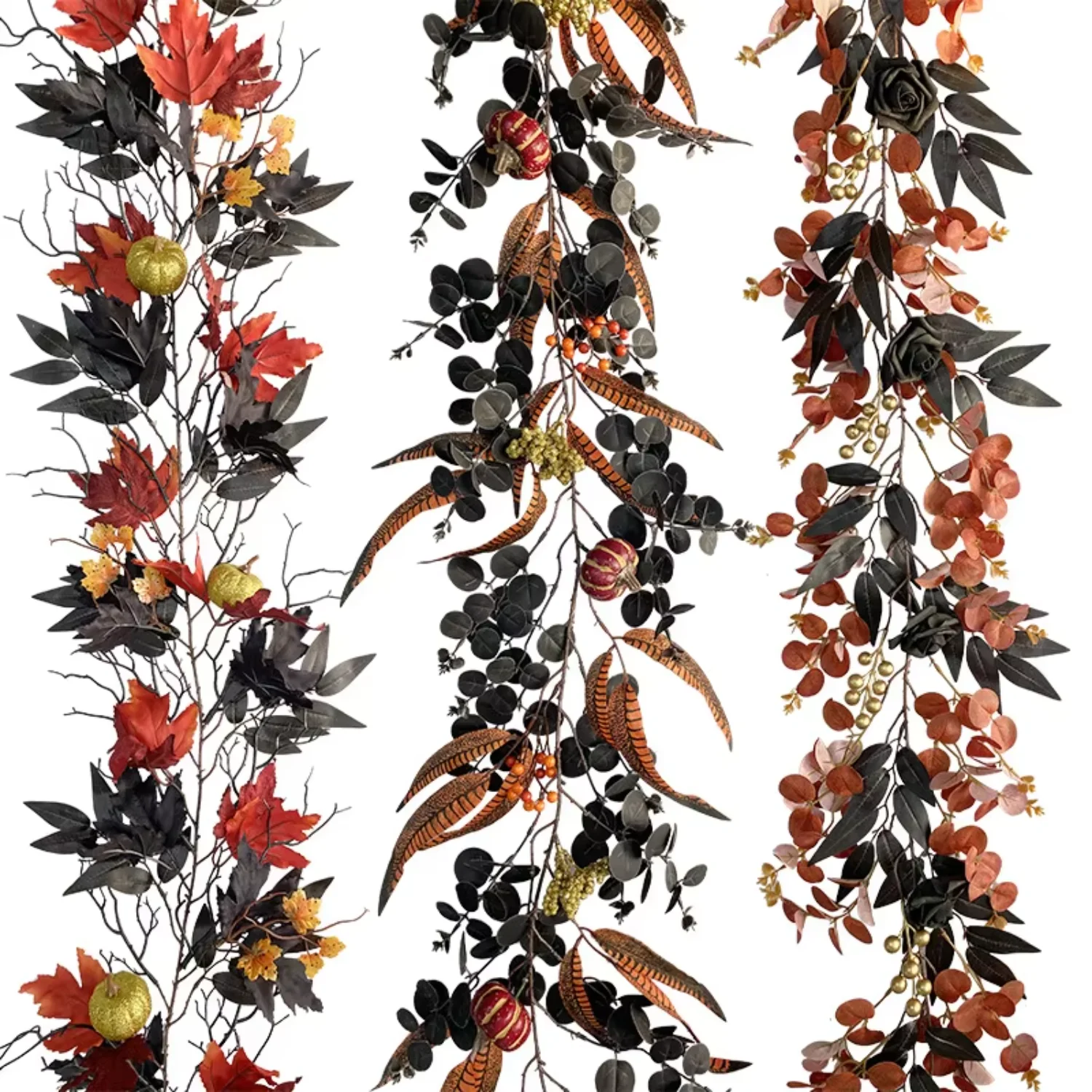 

Halloween Garland Artificial Dead Maple Leaf Garland 1.9m Black Leaves Vine Garland with Pumpkin For Party Decoration