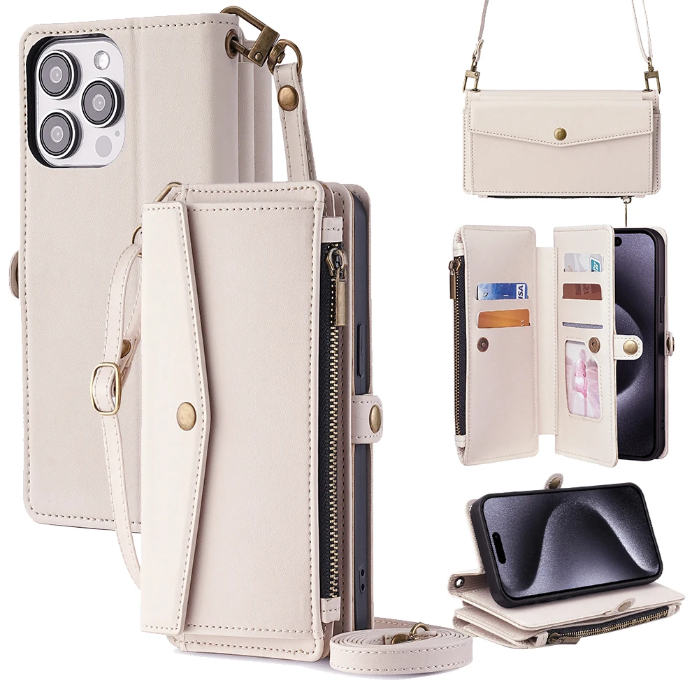 

for iPhone 11 12 13 14 15 Pro Max Plus Leather Case with 2 Straps, Crossboby Flip Cover Multifunction Wallet Zipper Bag