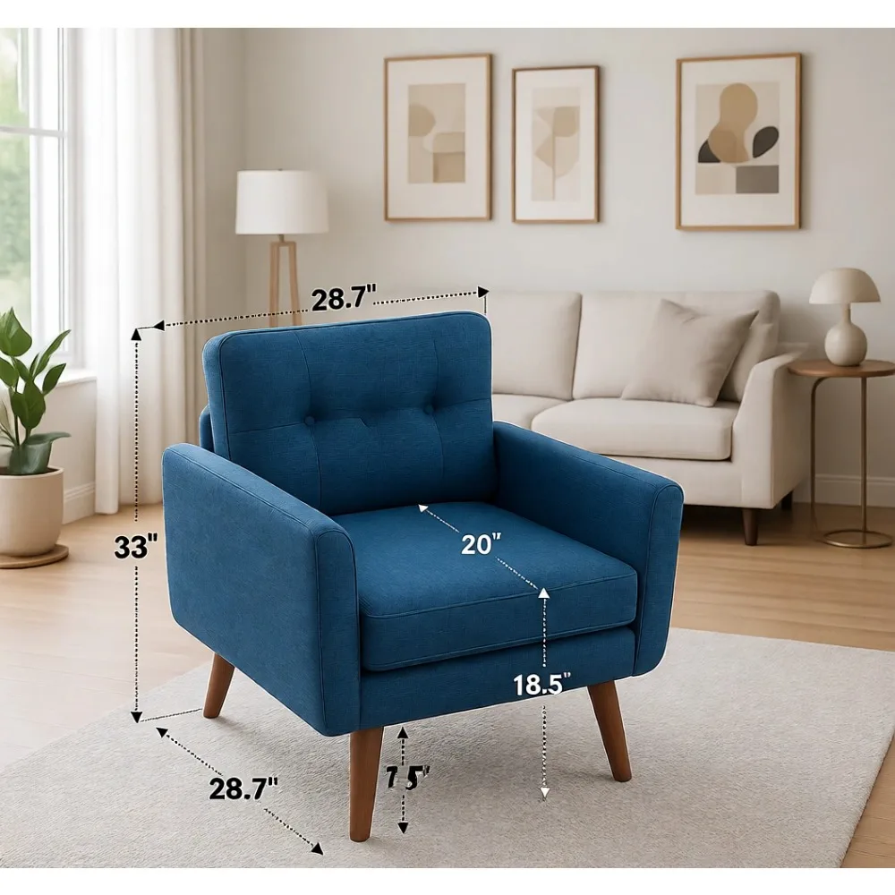 Mid Century Modern Linen Single Sofa Chair, Button-Tufted, Comfortable Reading Seating for Living Room, Bedroom, Blue - view 2