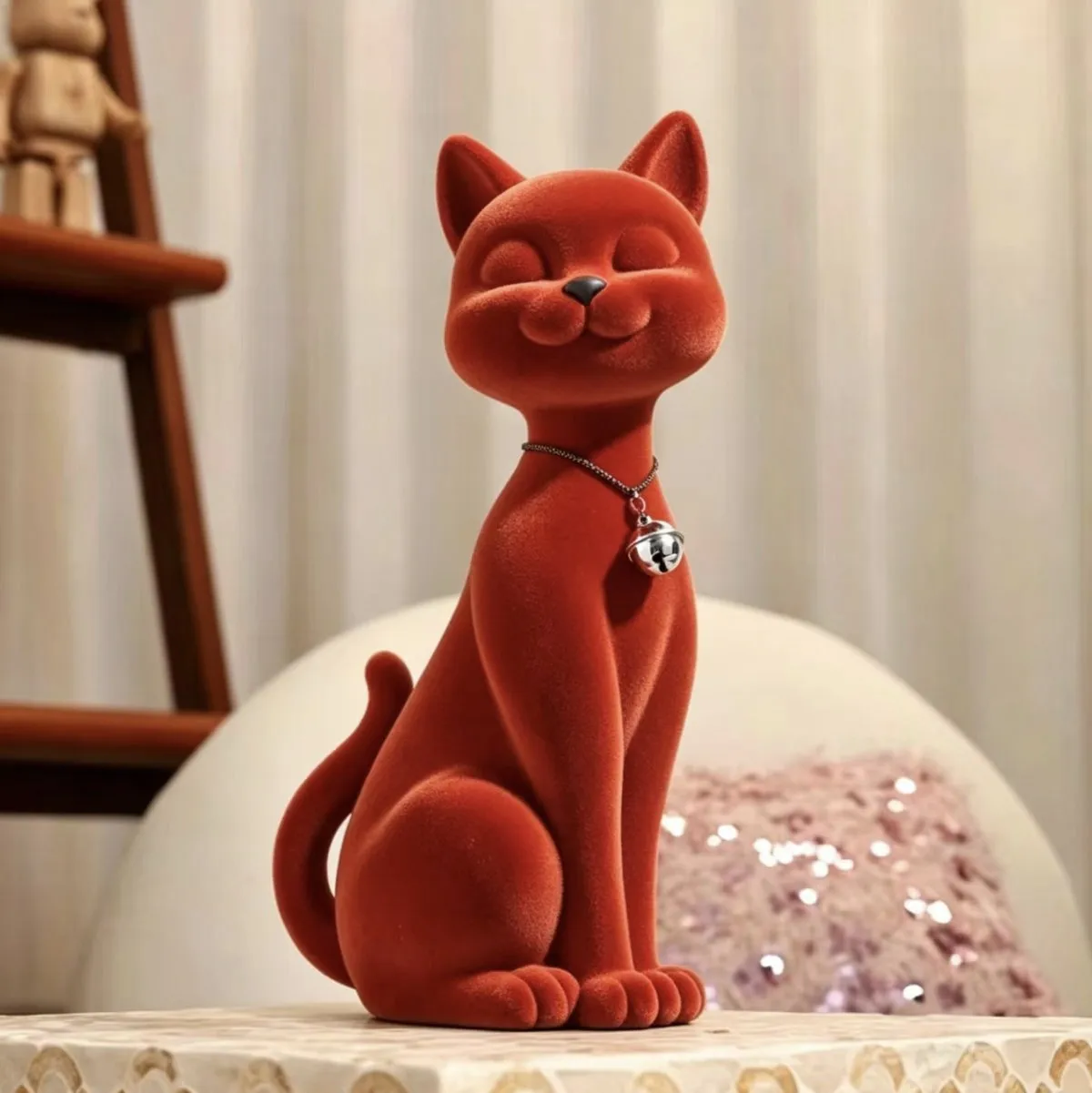 Flocked Cat Resin Figurine Lucky Sculpture for Living Room TV Cabinet Home Decor Housewarming Gift