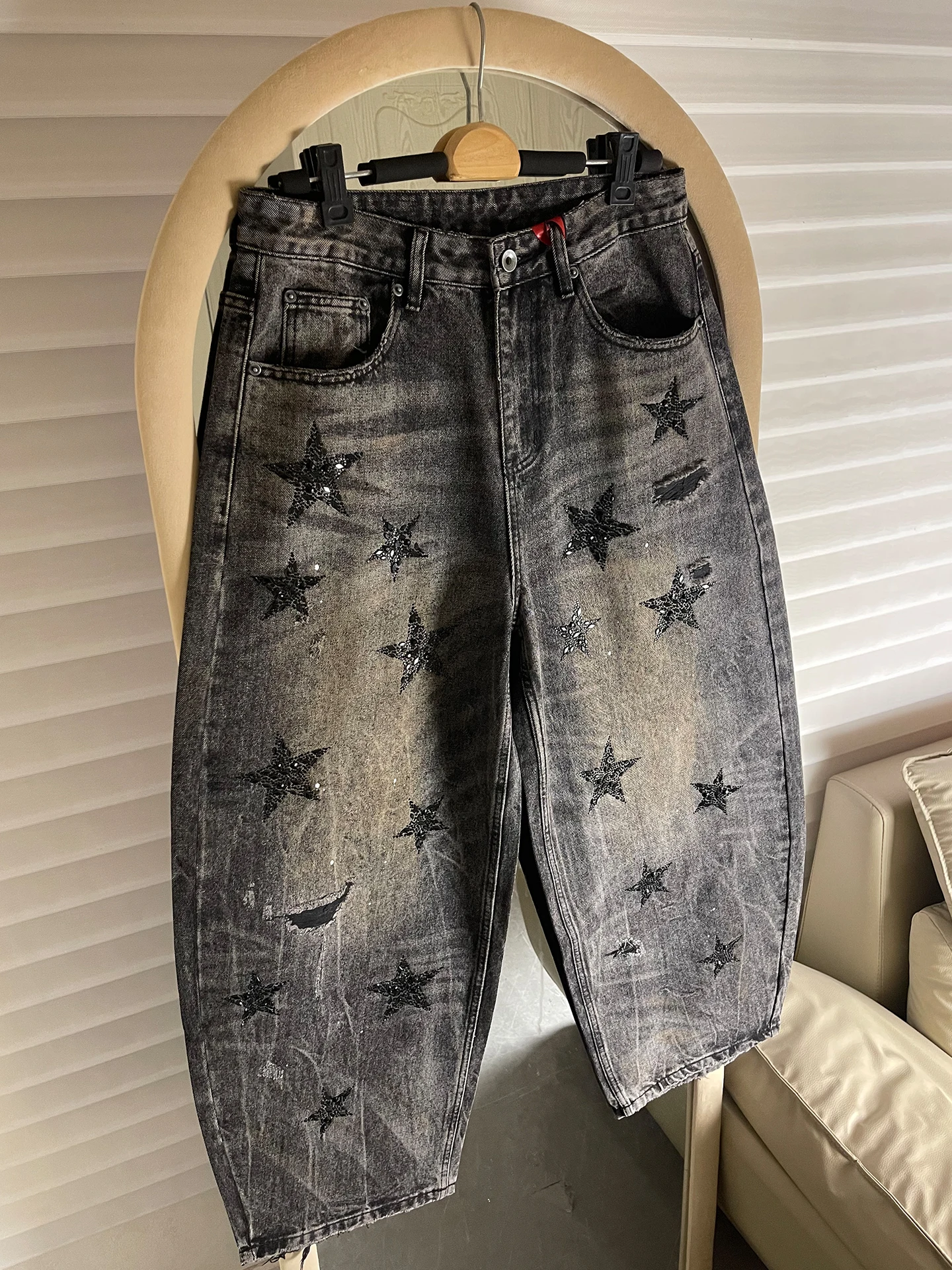 

Retro American Star Rhinestone Curved Knife Jeans Loose Wide Leg Jeans Men Women Spring Autumn Trendy Brand Casual Cotton Denim
