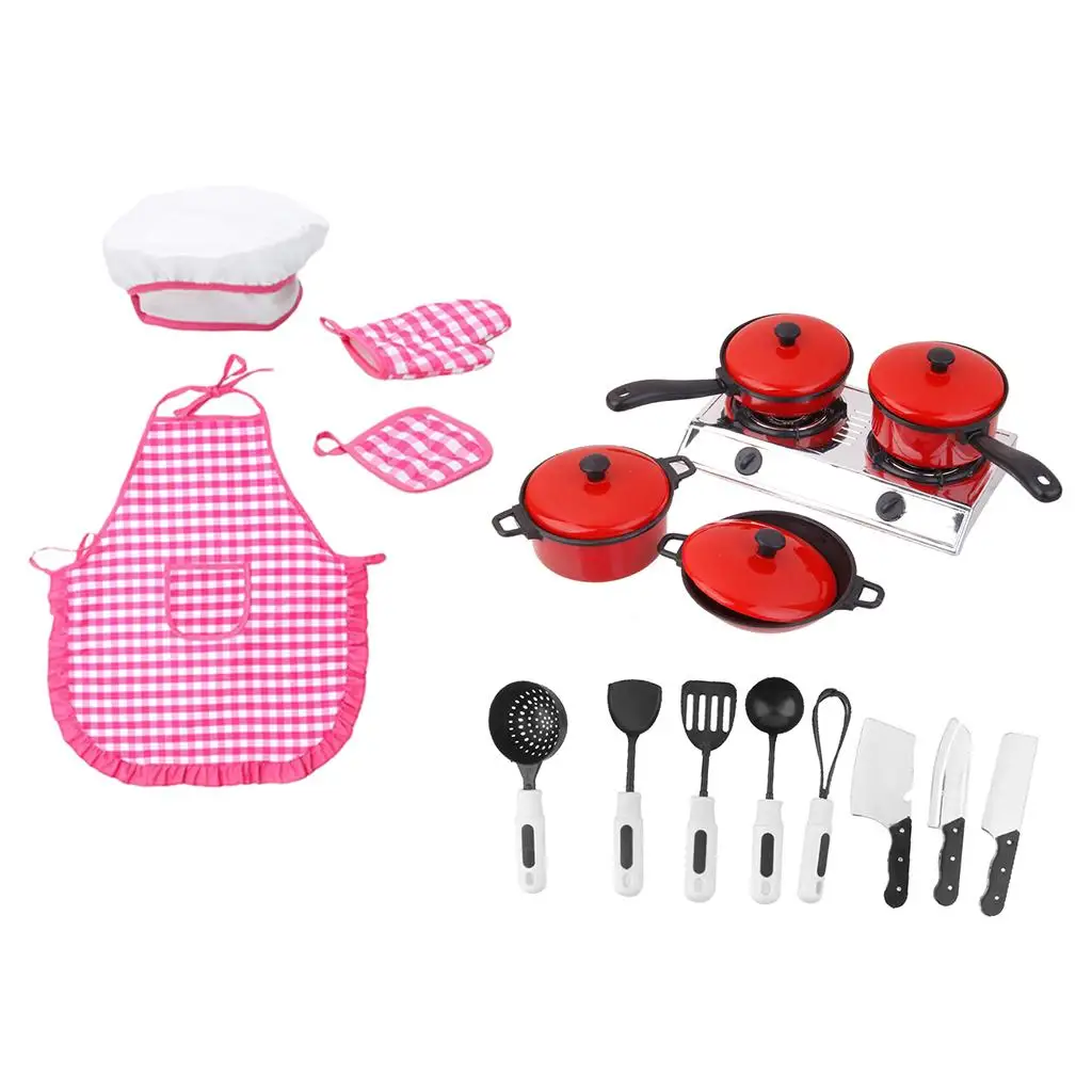 

Kid Chef Role Pretend Play Toy Cap Apron Pot Pad Cookware Toys Playset