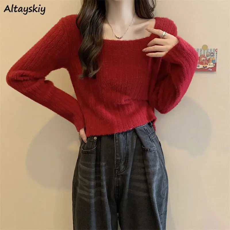 Pullovers Women Korean Style Casual Elegant Ladies Solid Slim Fit Square Collar Soft All-match Fashion Chic Exposed Collarbone