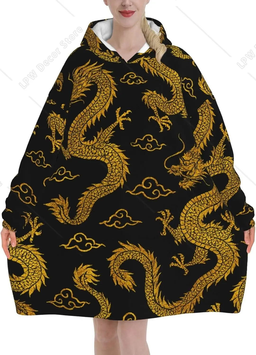 Oversized Adult Long Sleeve Flannel Hoodie Blanket Golden Chinese Dragon Pattern Soft Fuzzy Hooded Sweatshirt Lounging Pullover