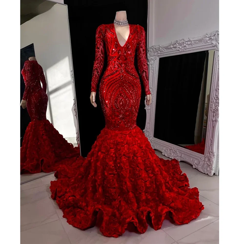 Real Image Luxury Red Evening Dress Long Sleeve 3D Flowers Sweetheart Appliques Chapel Train Pretty Women Prom Gown Vestidos2024