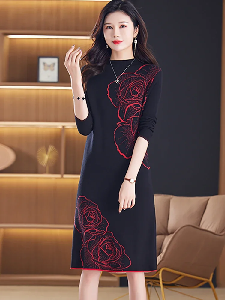 Female Korean Vintage Luxury Prom Clothing Autumn Winter Black Knitted Floral Pullovers 2024 Elegant Bodycon Festival Sweaters