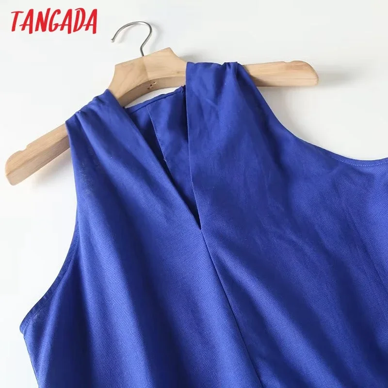 Tangada 2024 Women Blue V Neck Cotton Linen Dress Ladies Sleeveless Elegant Dresses 4C120