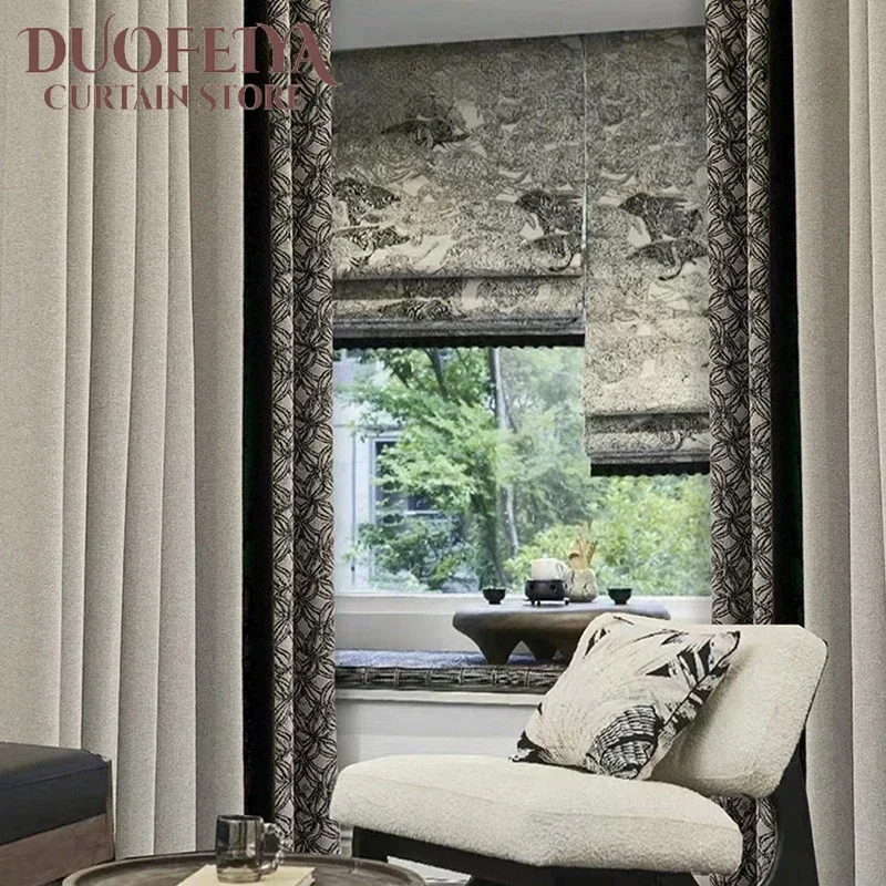 

French High-end Black and White Gray Curtains for Living Room Bedroom Modern Simple Minimalist Splicing Window Decor Custom Size